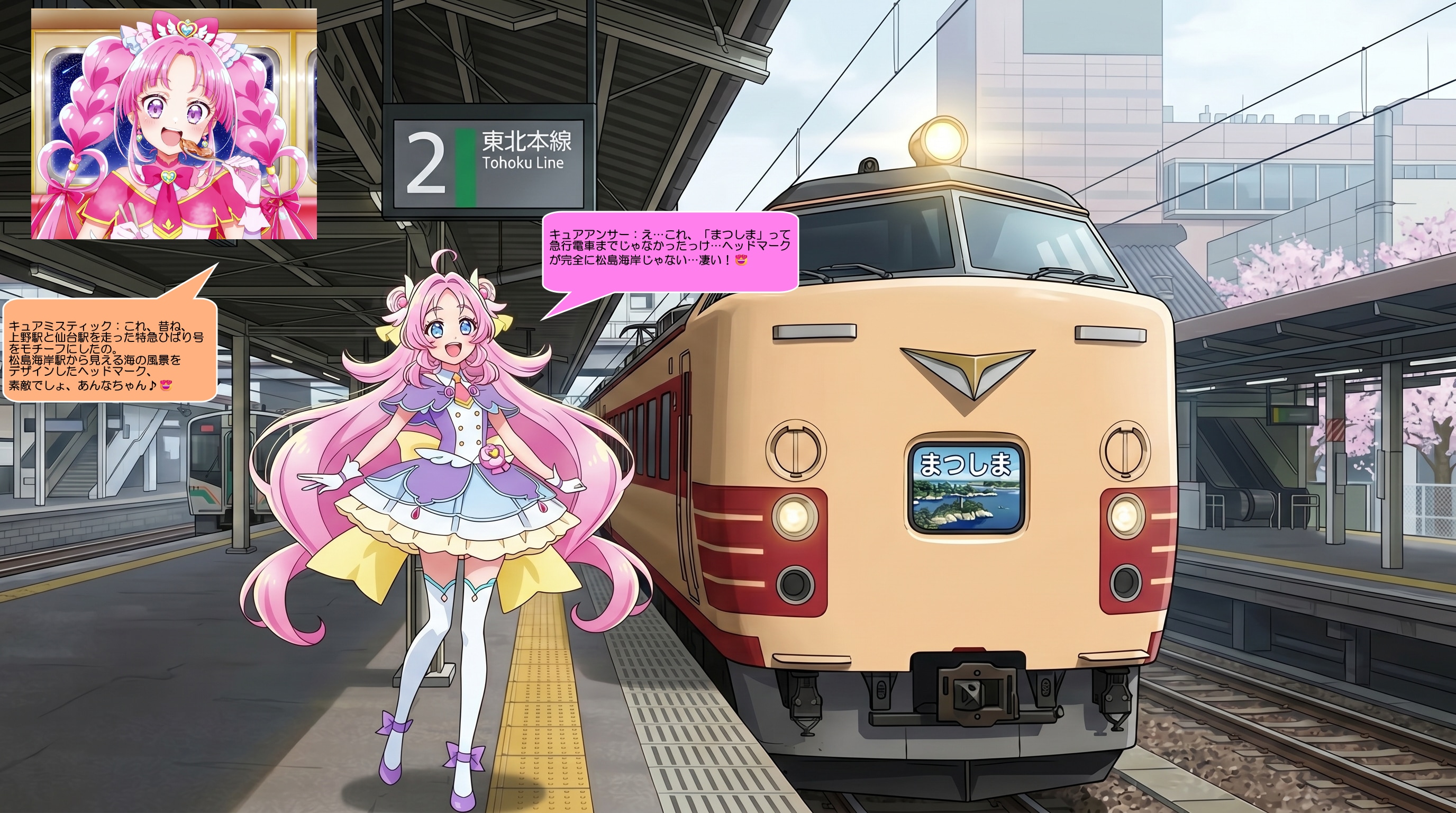 キュアアンサー、珍しい列車を見て喜ぶ