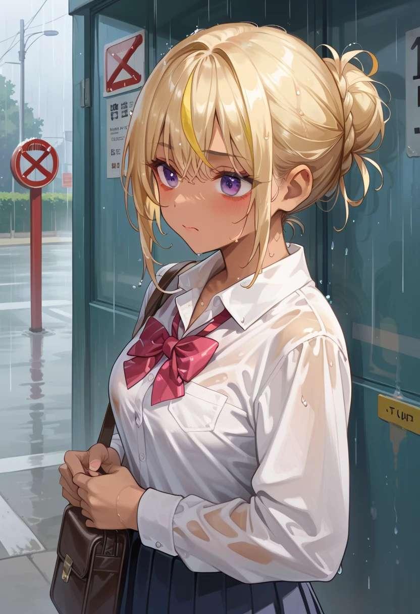 雨のバス停ギャル
