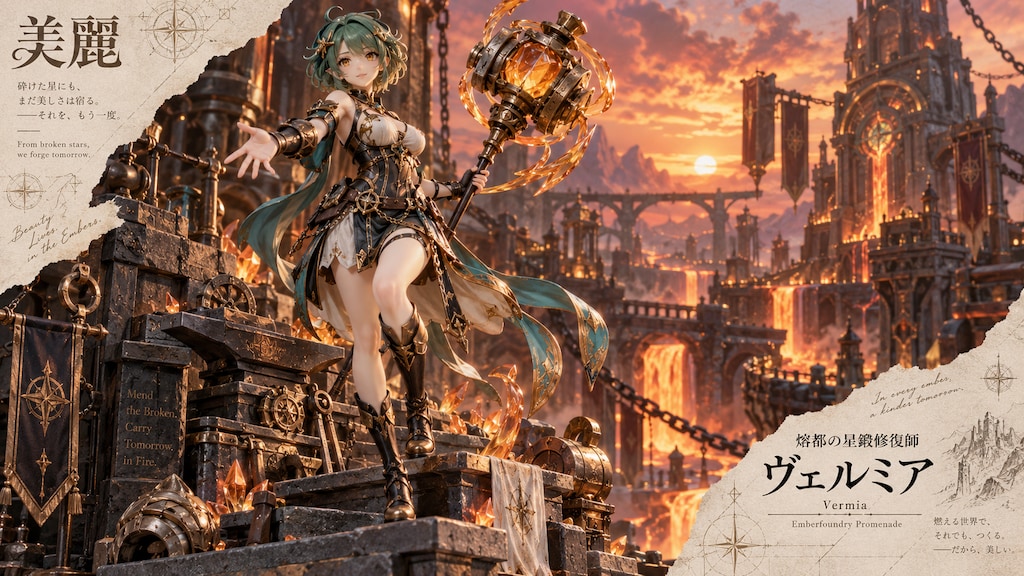 Vermia, the Star-Forging Restorer  Amidst the glowing embers and cascading lava of the grand forge c