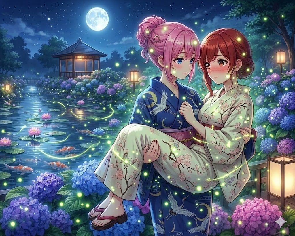 蛍と月夜 百合の2人は蛍の光に包まれ…🩷