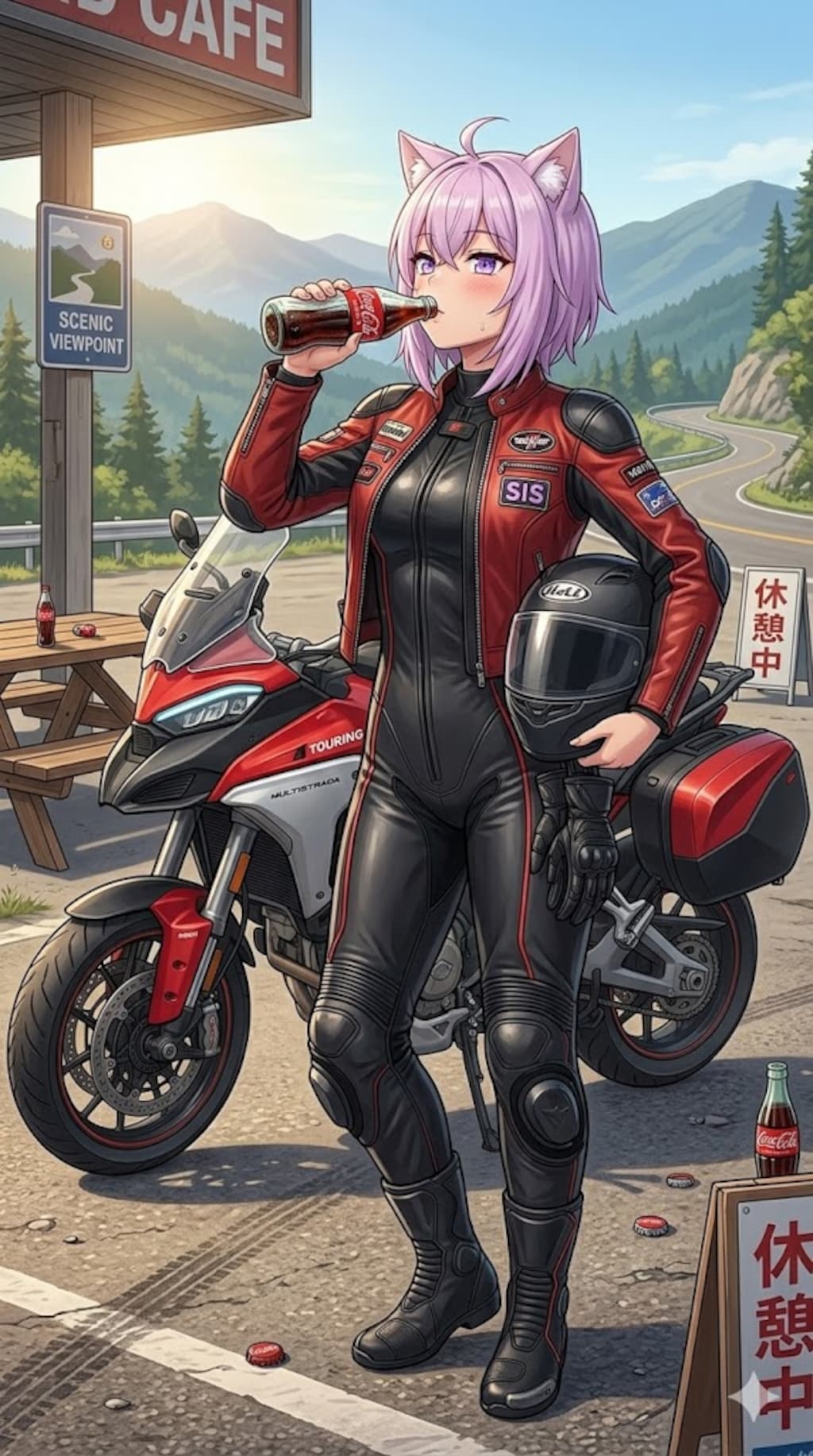 コーラで一息ライダースーツのシス