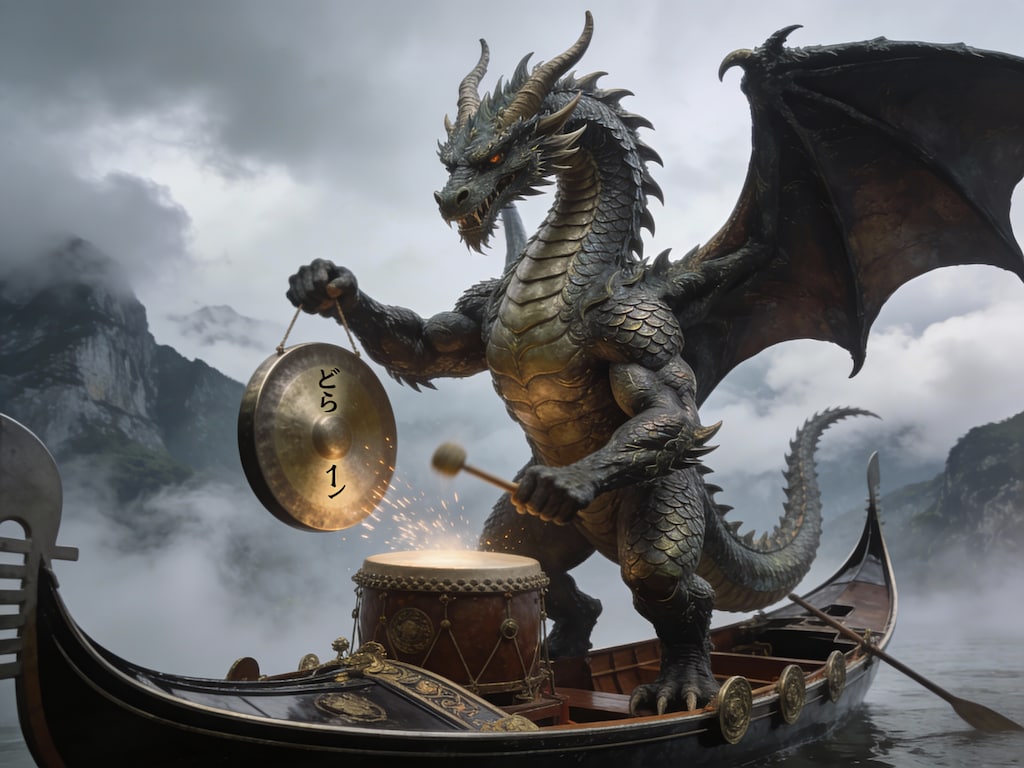 ドラゴンがゴンドラにどらごんで銅鑼をゴンと鳴らしている。