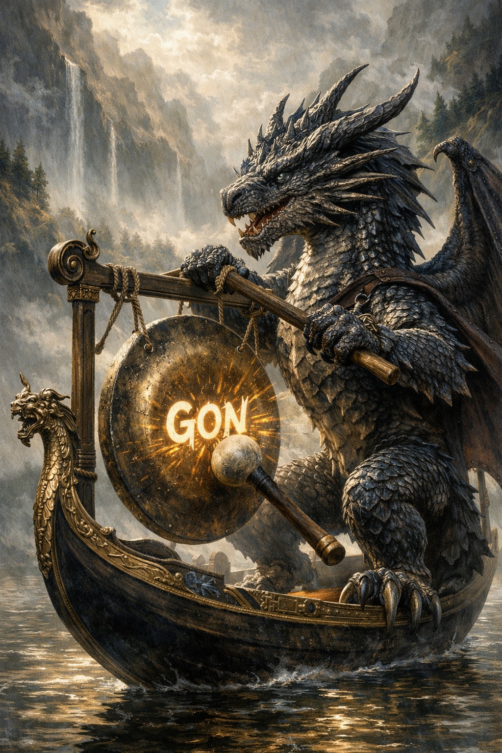 ドラゴンがゴンドラにどらごんで銅鑼をゴンと鳴らしている。 | の人気AIイラスト・グラビア