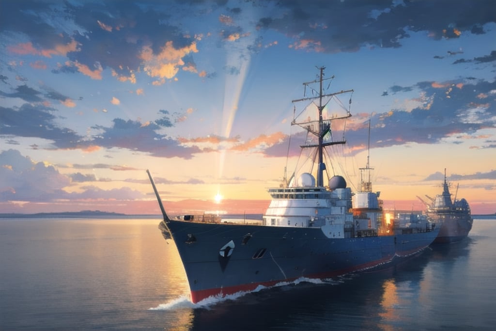 軍艦と夕日