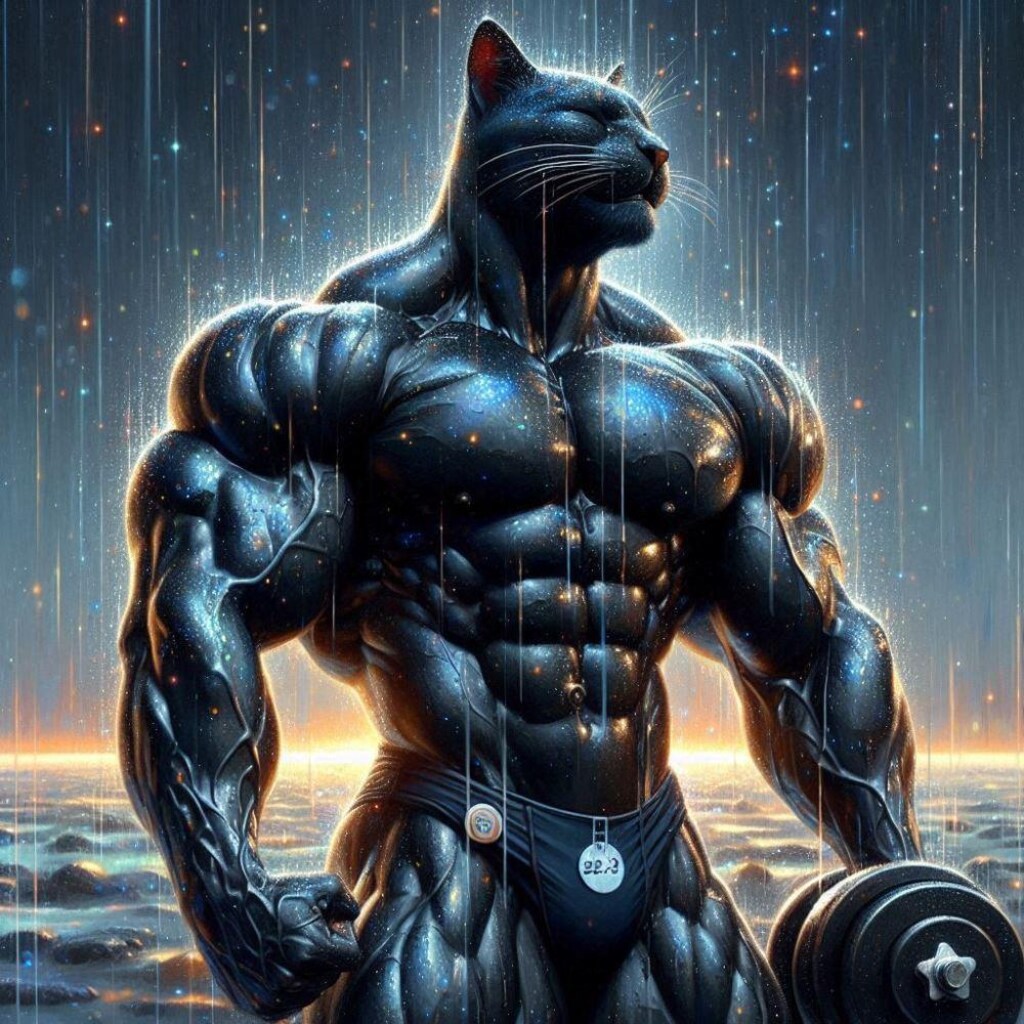 アクリルゲームCG風、梅雨の宇宙ボディビルダーコスプレ人妻＆猫＆マッチョ