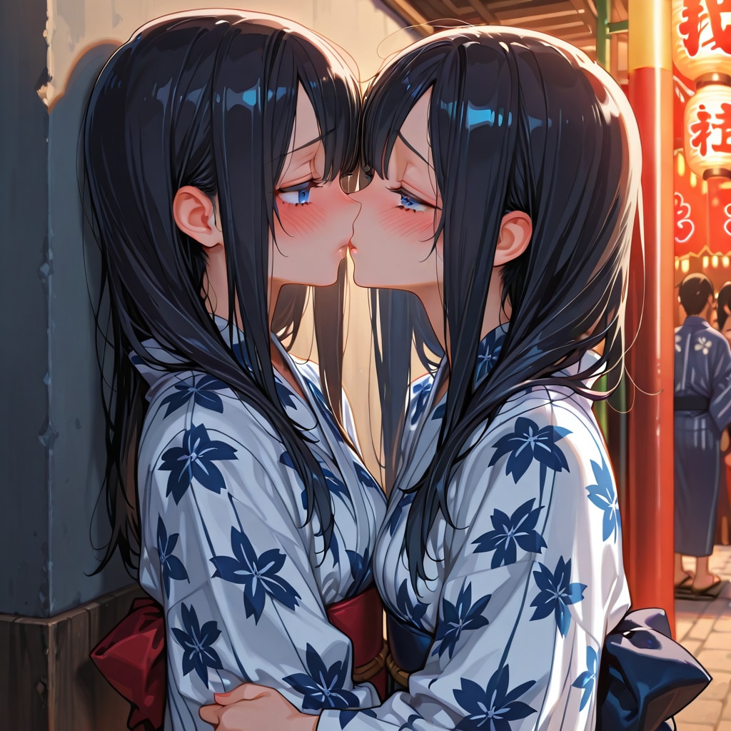 お祭りの裏路地でキスする2人