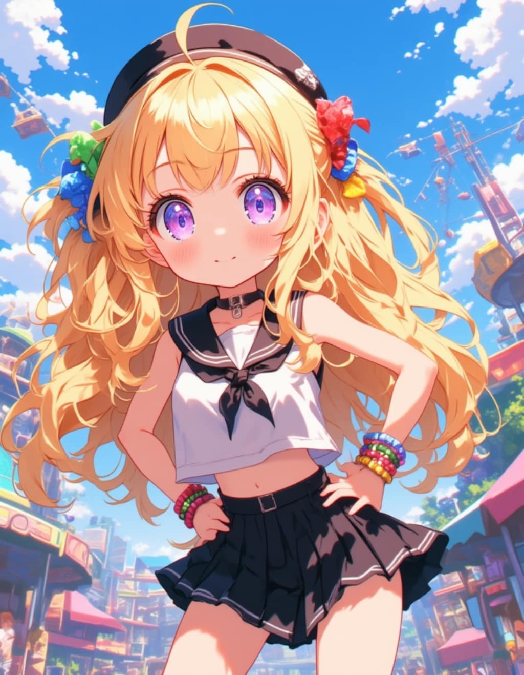 遊園地で楽しむキュートなちびキャラガールのポーズ