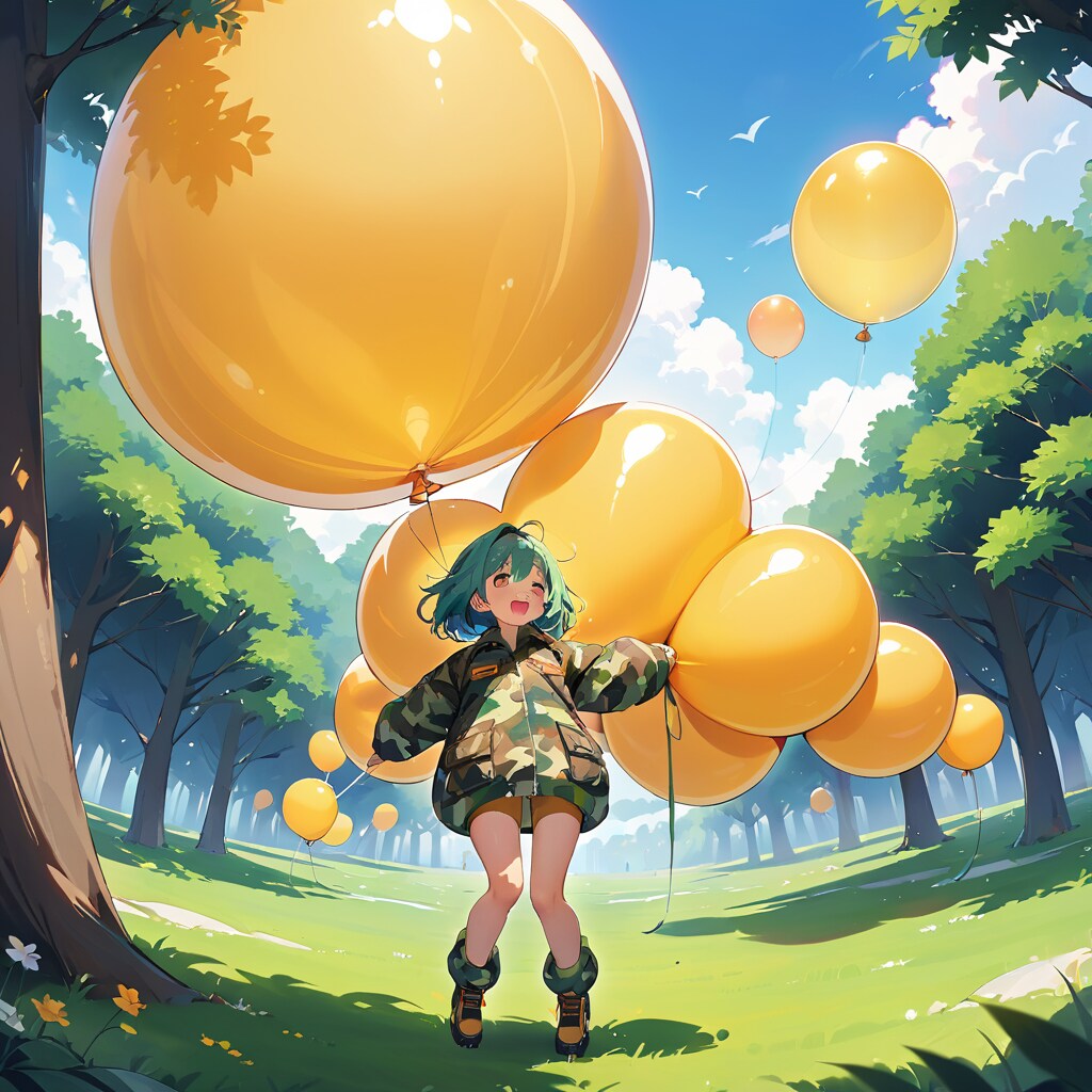 森の中で黄色い巨大風船で遊ぶ迷彩柄の女の子 | の人気AIイラスト・グラビア