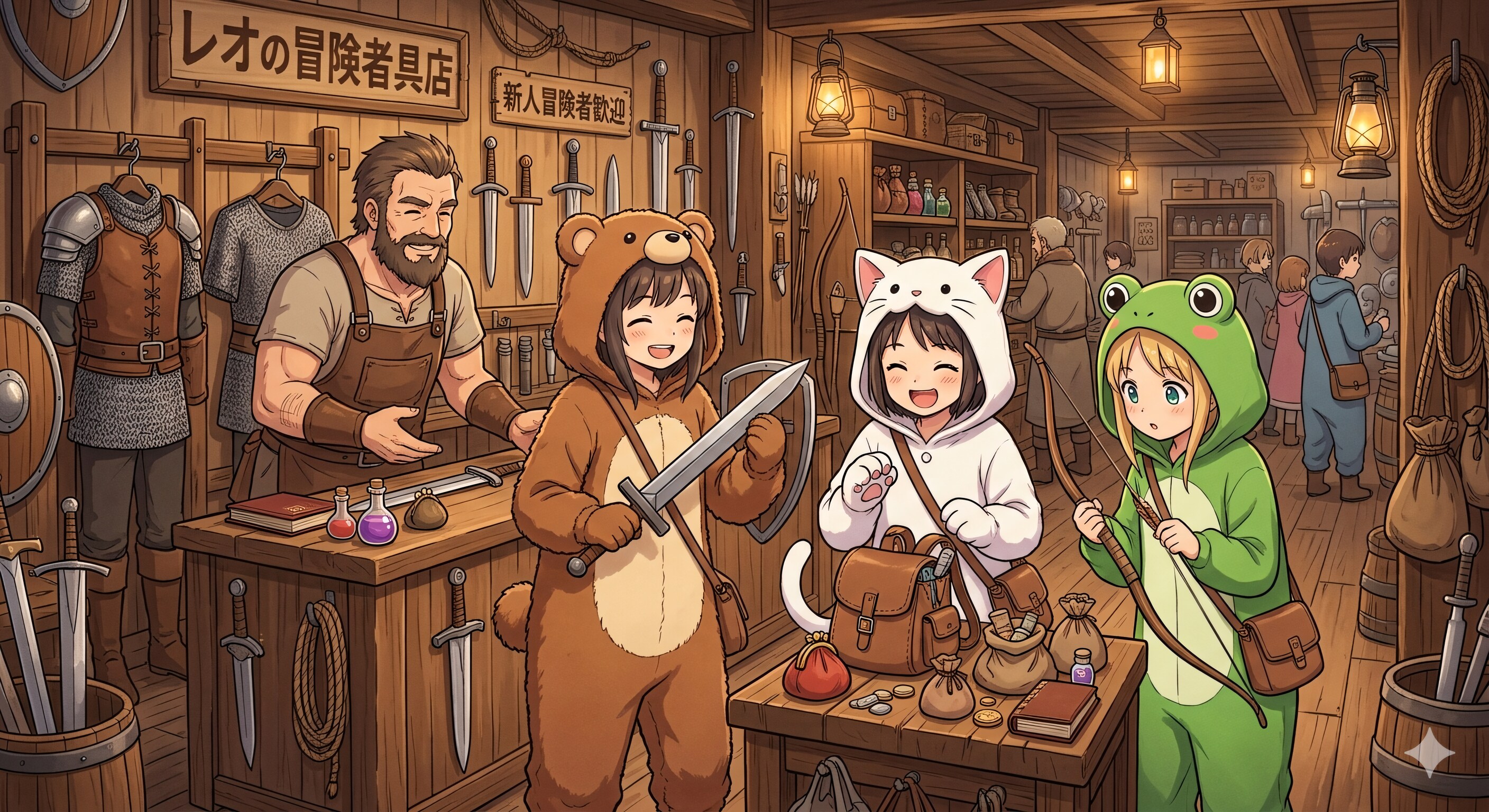 【All0404a】きぐるみパーティ初心者冒険者用の装備を購入（モデル: NanoBanana2無料版） | の人気AIイラスト・グラビア