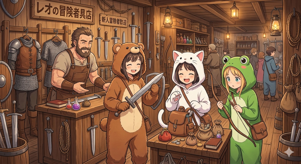 【All0404a】きぐるみパーティ初心者冒険者用の装備を購入（モデル: NanoBanana2無料版）