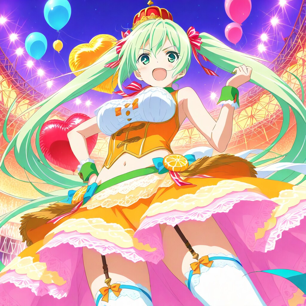 お祭り広場でいっぱい風船を膨らませて遊ぶ緑髪ロングのカーニバル衣装の美女