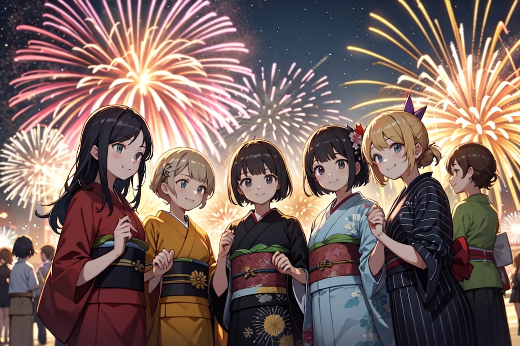来年またみんなで花火見に行こう！！（女性グループ版）10枚（レトロモダン街シリーズ・その17）