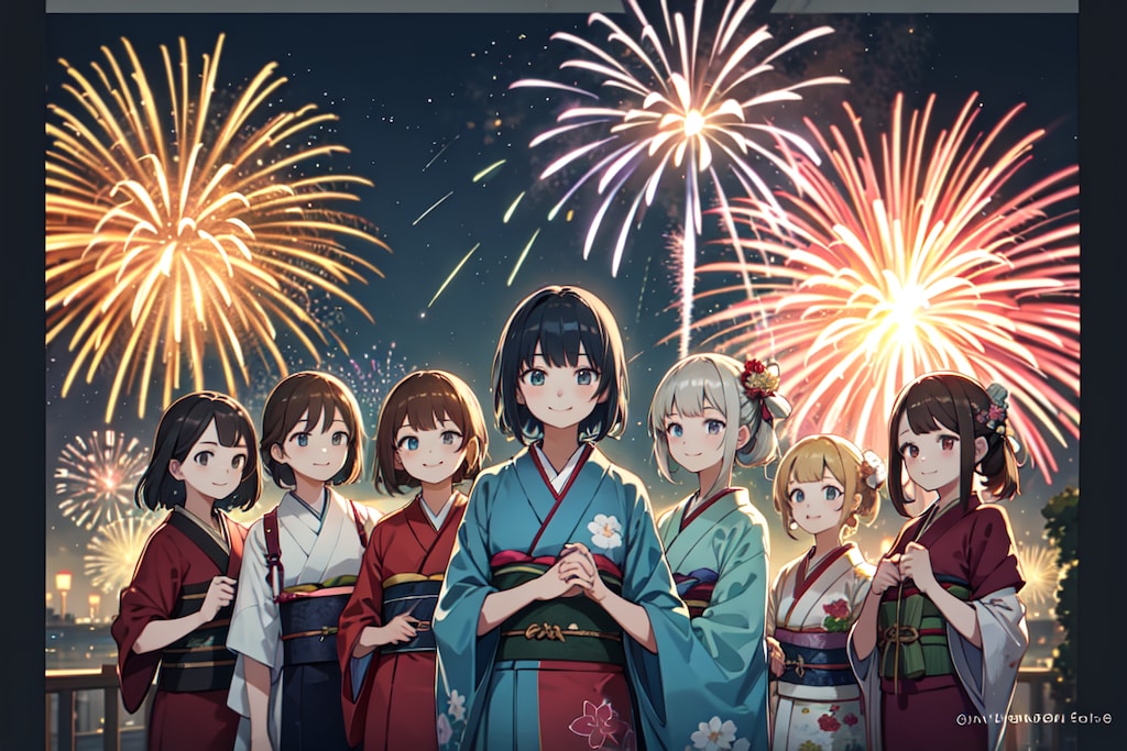 来年またみんなで花火見に行こう！！（女性グループ版）10枚（レトロモダン街シリーズ・その17）