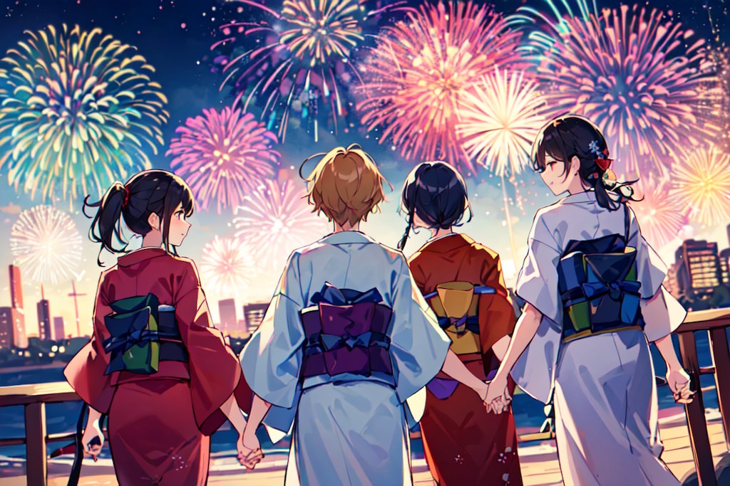 来年またみんなで花火見に行こう！！（女性グループ版）10枚（レトロモダン街シリーズ・その17）