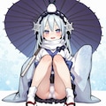 ゴーストリックの雪女が和傘を持って座りながらパンチラ 4枚目