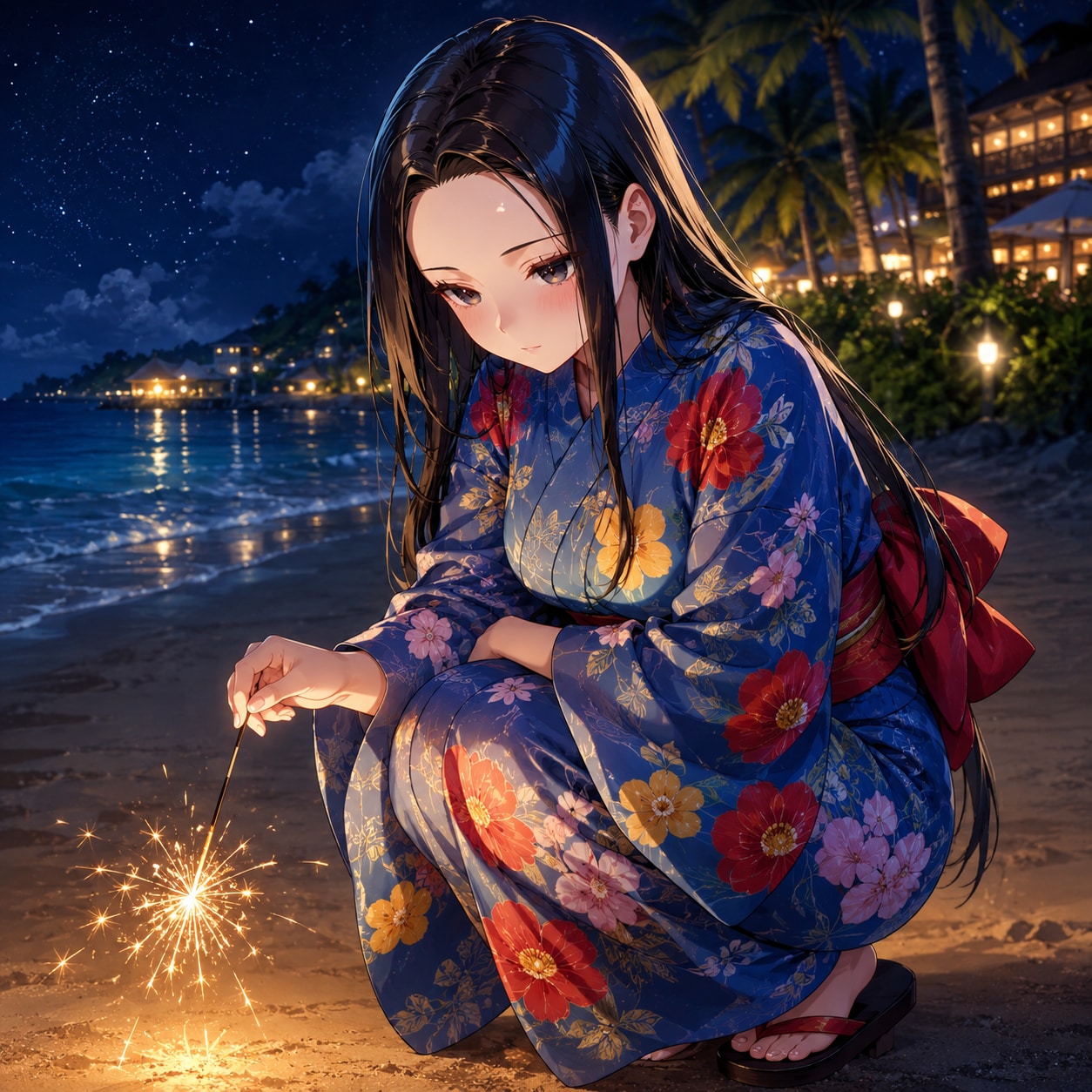 線香花火をする唯紗巳・カンブロンヌさん