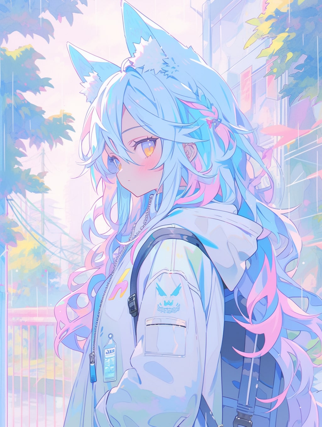 雨の街を歩く、青狐の少女