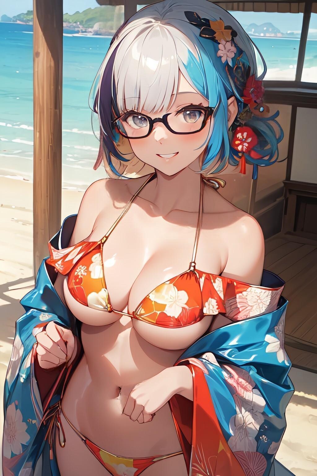 和柄ビキニのお姉さん👘👙