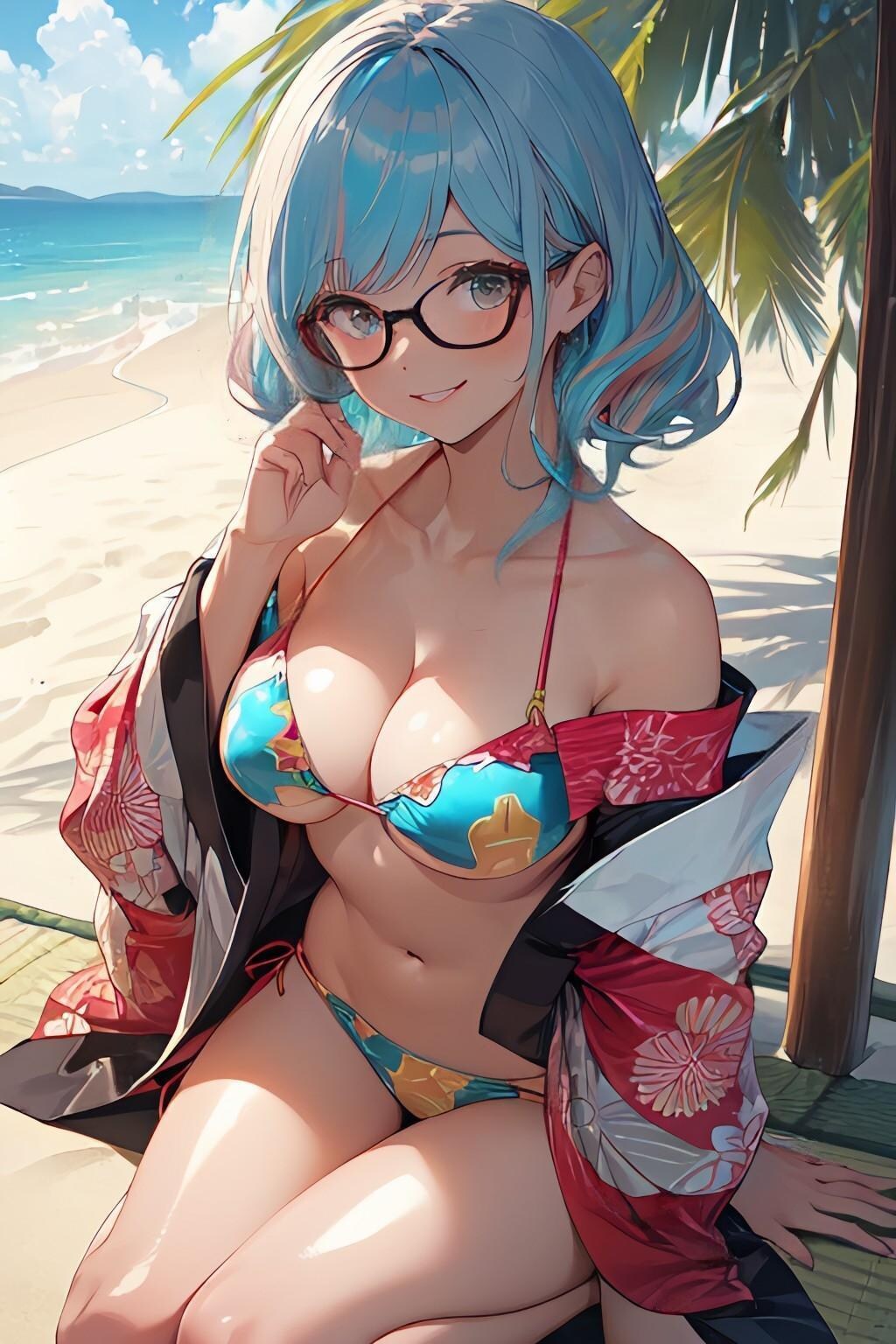 和柄ビキニのお姉さん👘👙