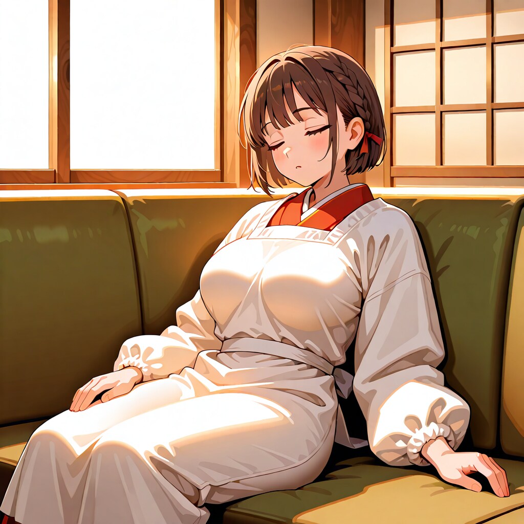 割烹着の女性　寝落ち
