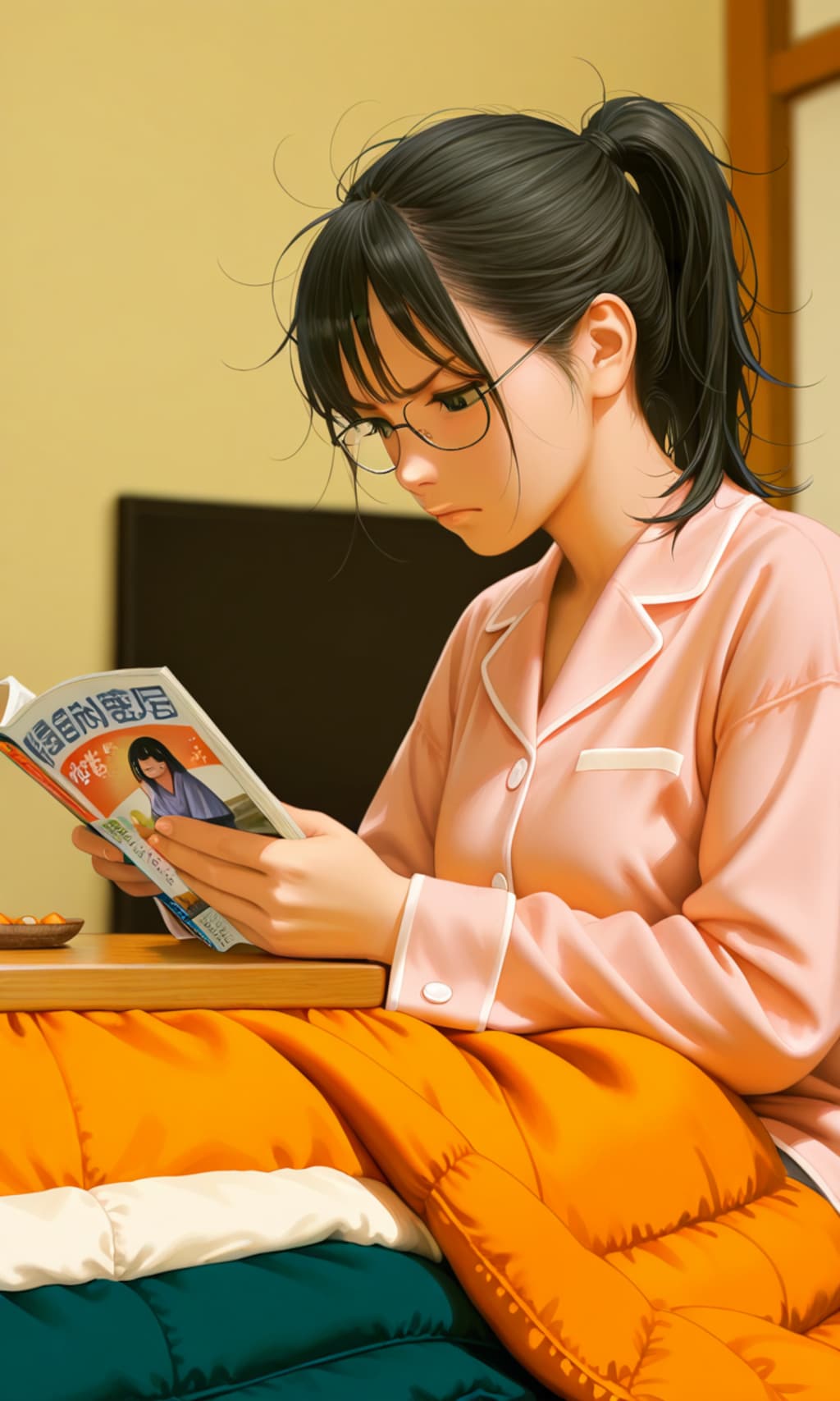 炬燵で読書をする女性
