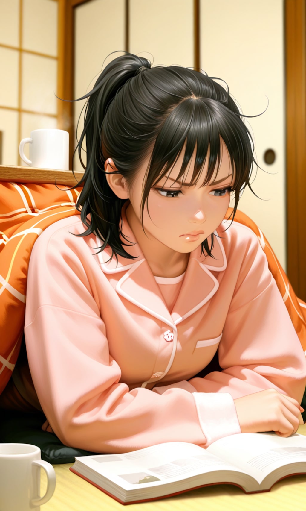 炬燵で読書をする女性