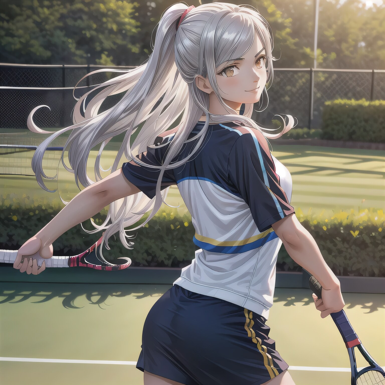 銀髪ポニテでテニスウェアの少女４ | の人気AIイラスト・グラビア