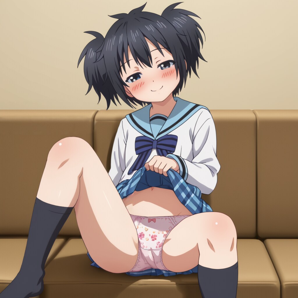 神戸しおがソファーに座って首を傾げながらスカートをたくしあげて、花柄パンティとお腹を見せる（頬を赤らめ目を細めて微笑む）