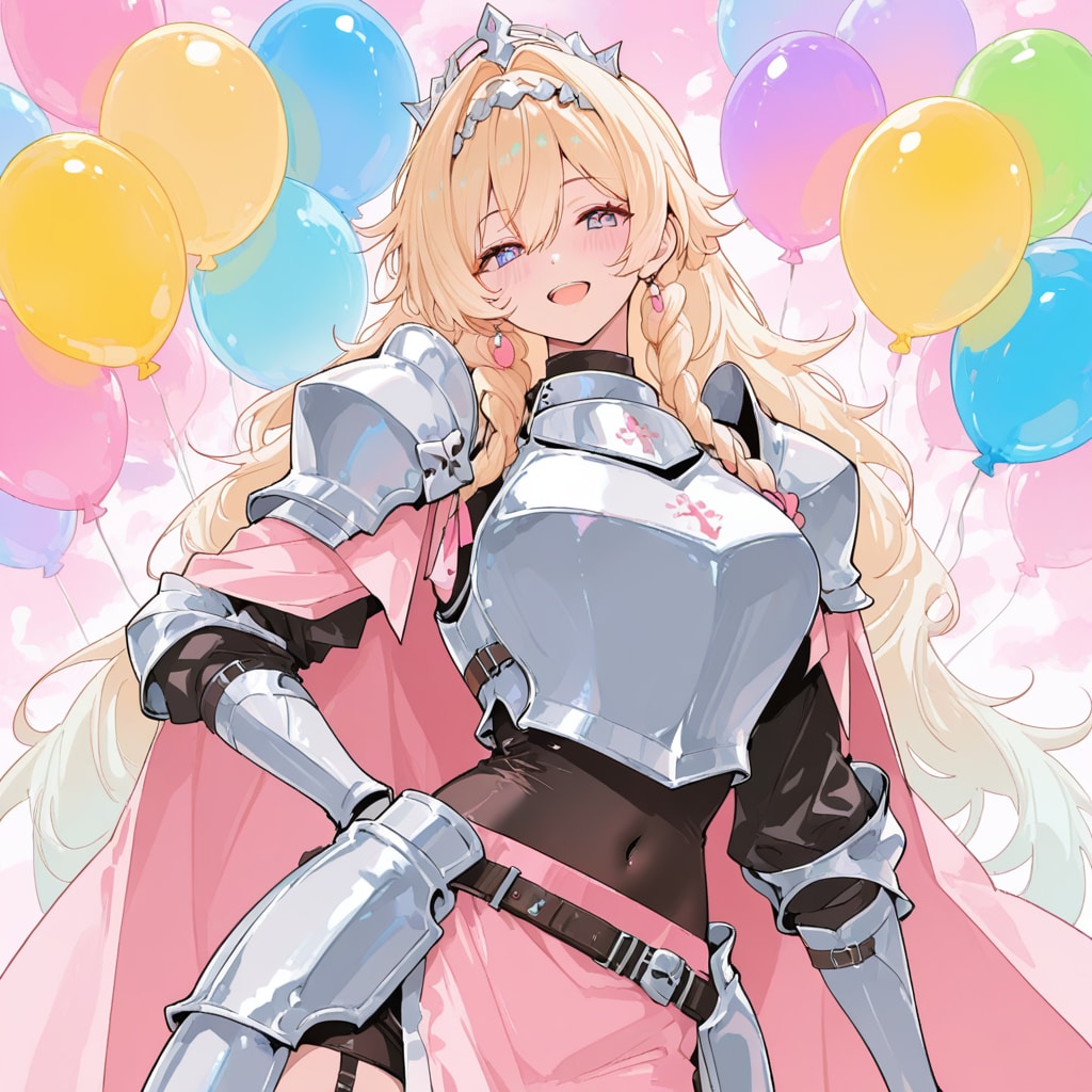 いっぱい色とりどりの風船を持つブロンドロングの美女騎士