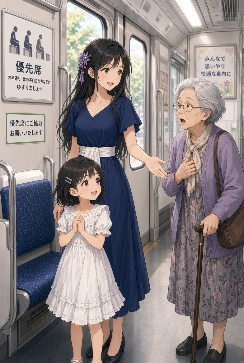 高齢者さんに席を譲る人妻とその愛娘 | の人気AIイラスト・グラビア