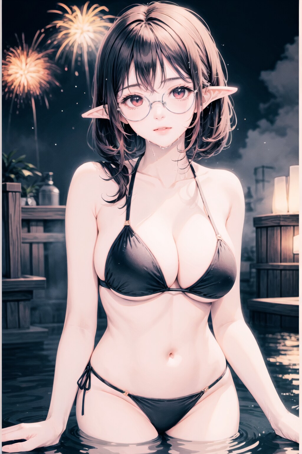 温泉でくつろぐエルフ姉さん