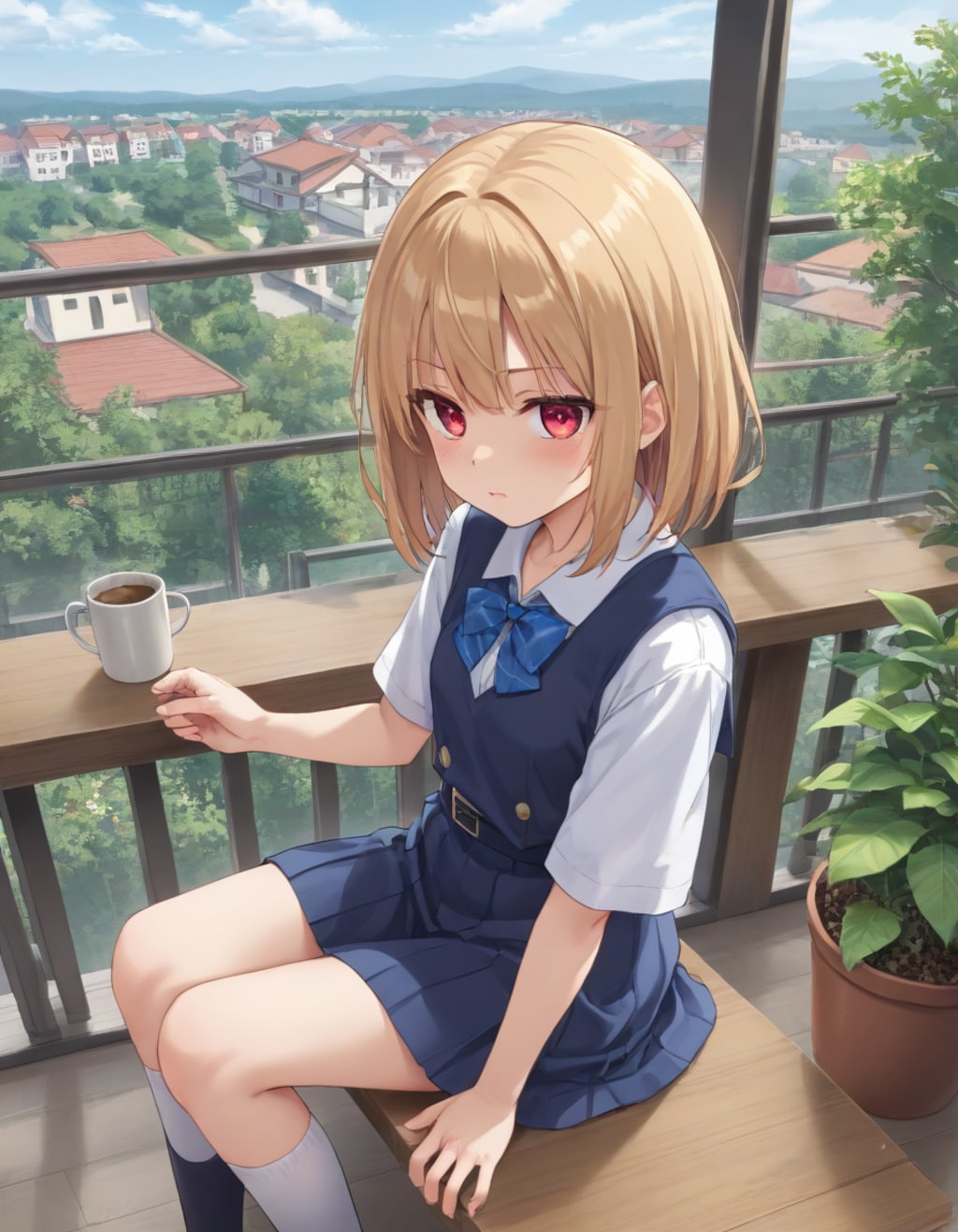 夏のユニフォーム JK バルコニーで休憩、コーヒータイム