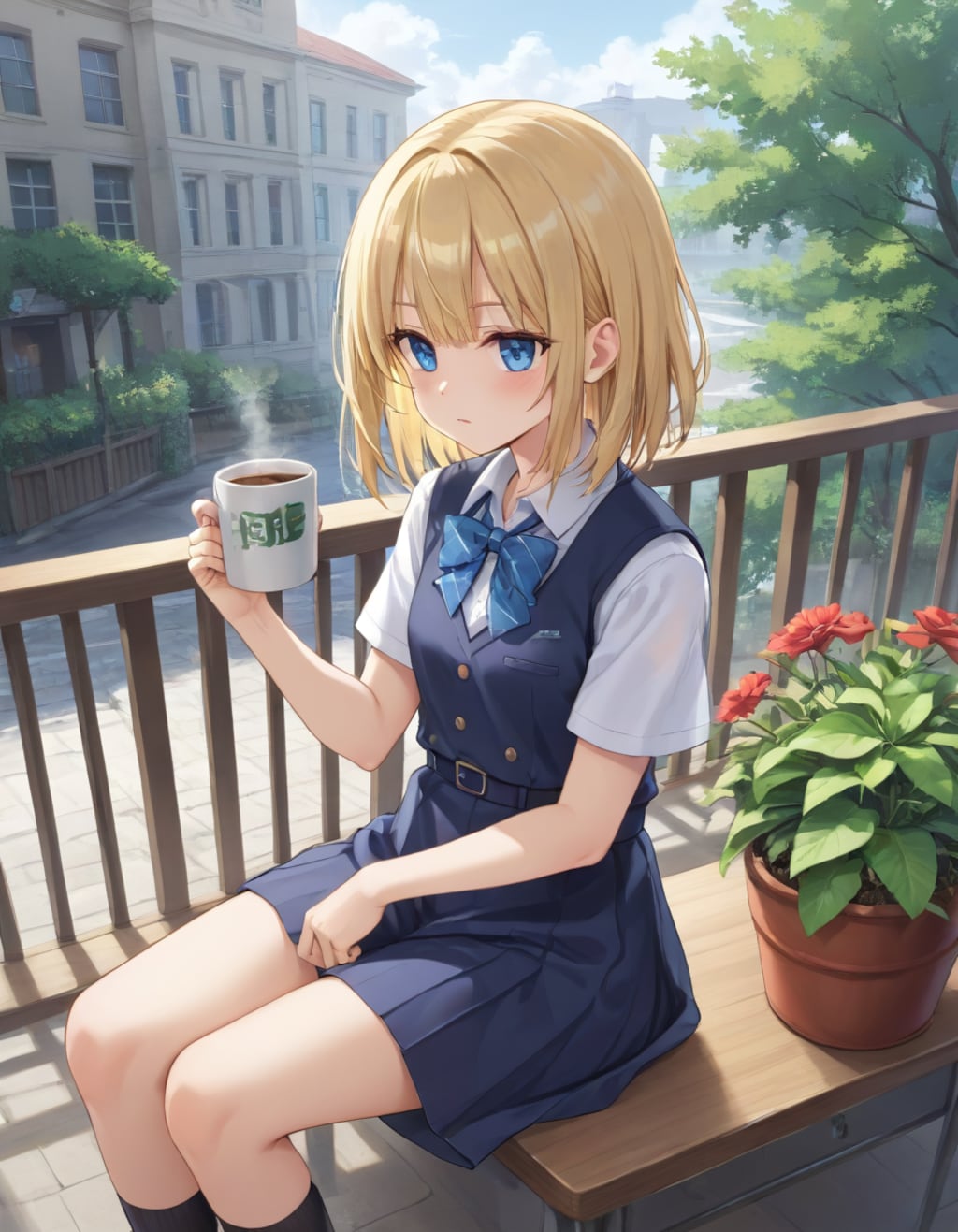夏のユニフォーム JK バルコニーで休憩、コーヒータイム