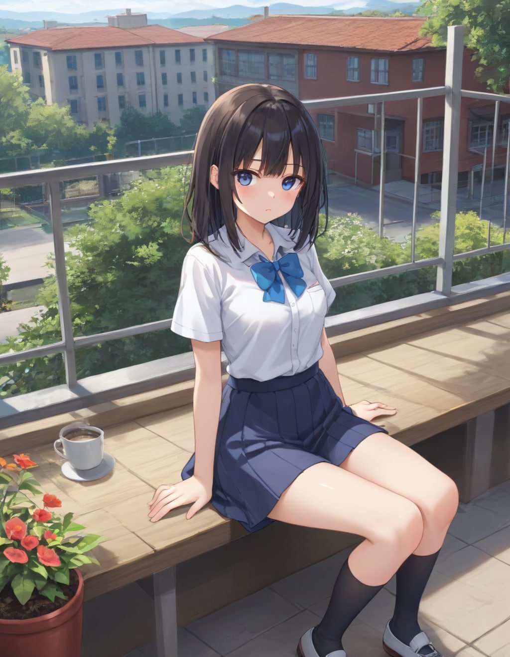夏のユニフォーム JK バルコニーで休憩、コーヒータイム