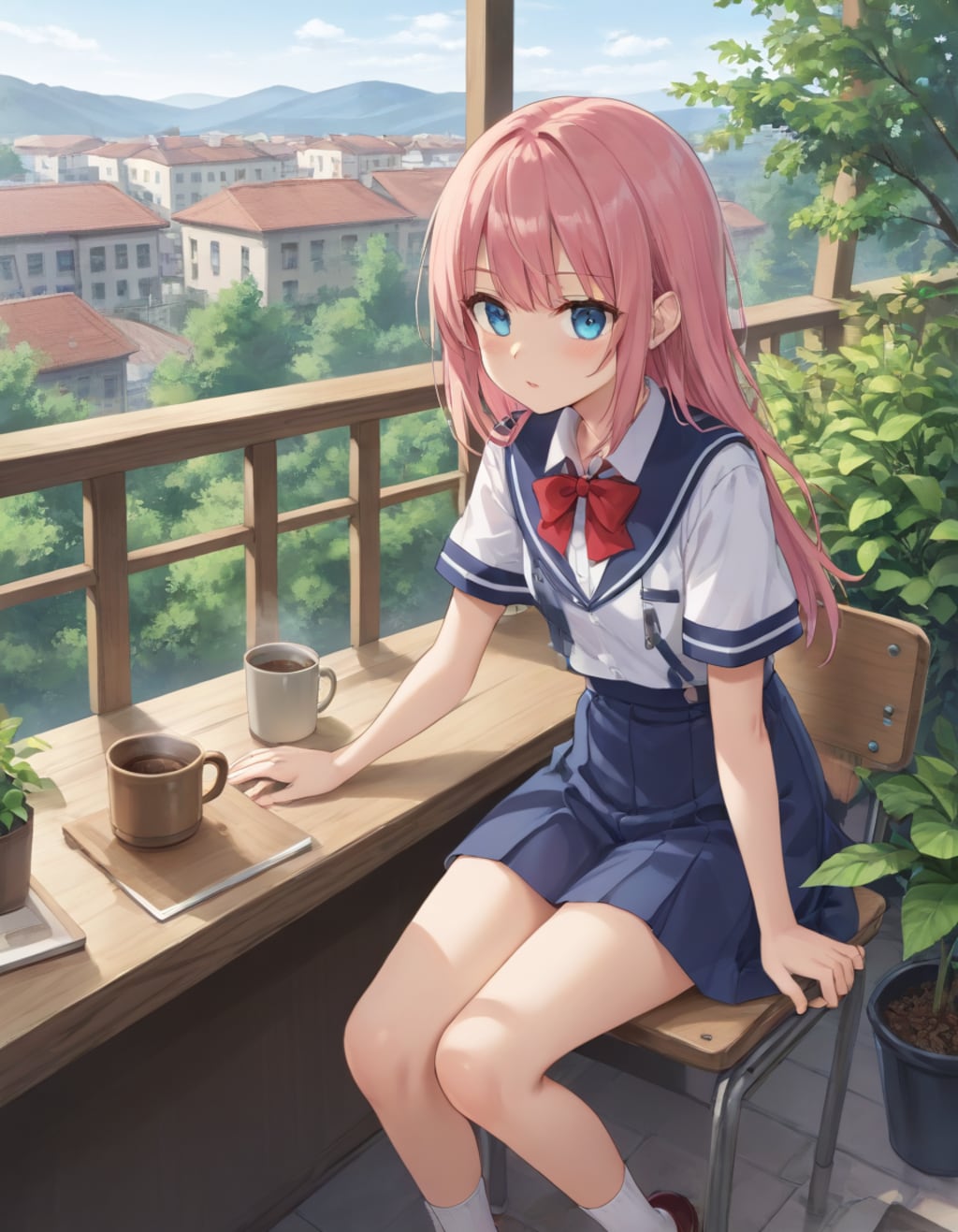 夏のユニフォーム JK バルコニーで休憩、コーヒータイム