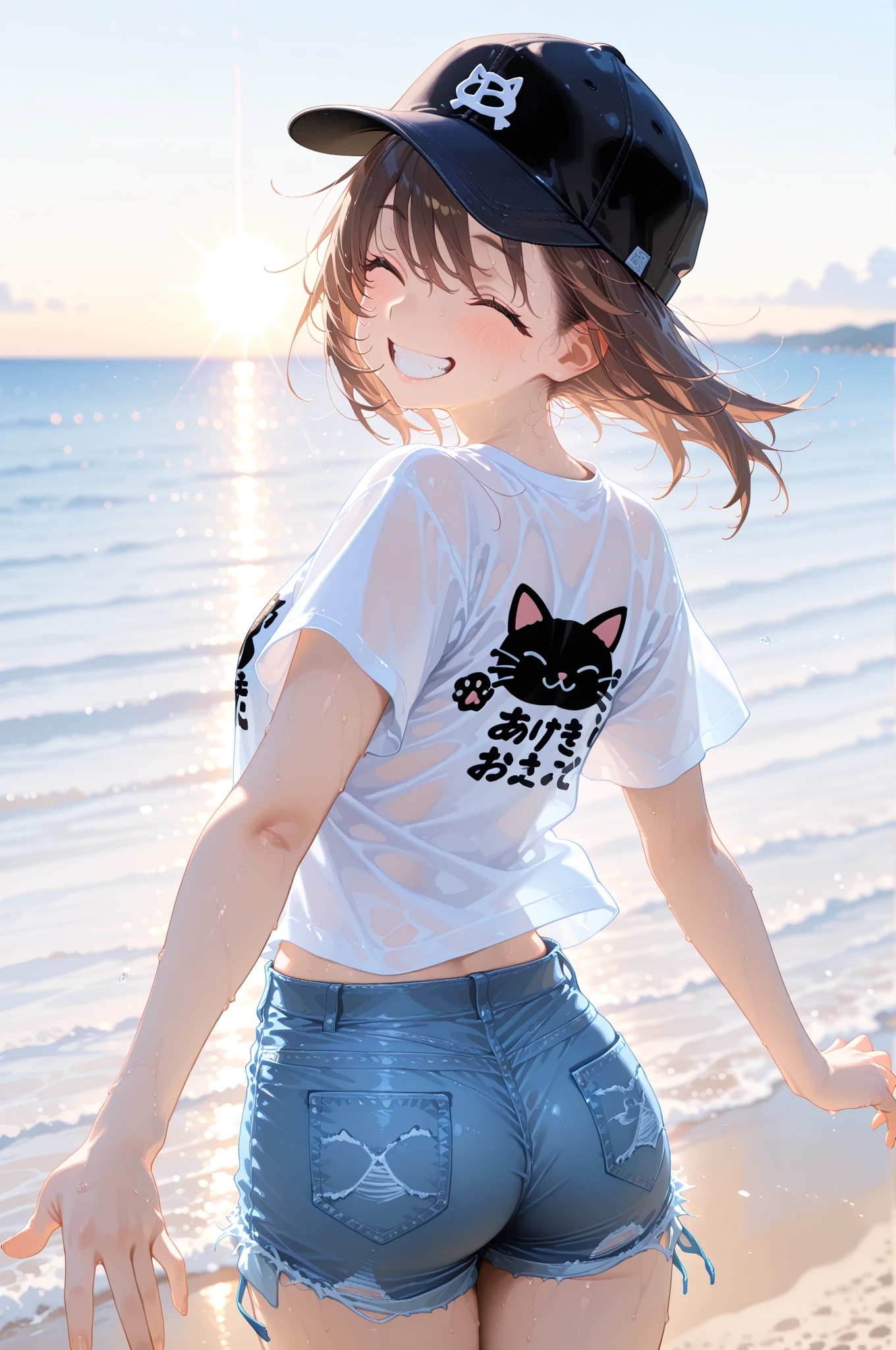 帽子の子と海で遊ぶ