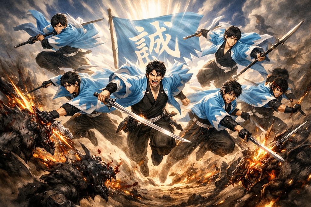 「局長！全隊長揃いました！」「よし！旗をかかげよ！壬生浪士組出陣！！」