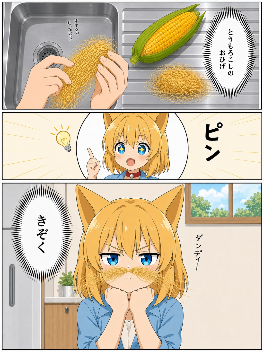 とうもろこしのおひげを有効利用できないか考えるキツネ