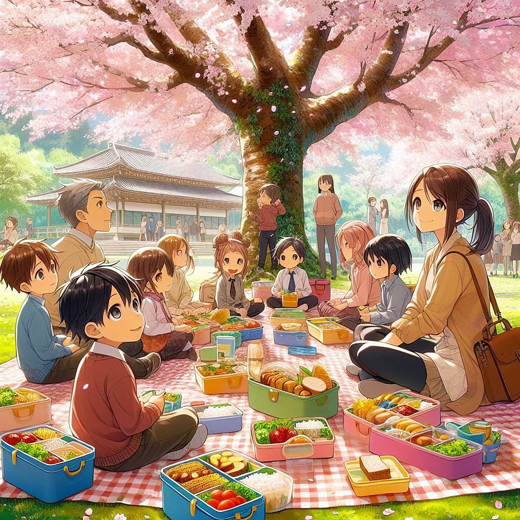 お花見　桜の木の下でお弁当