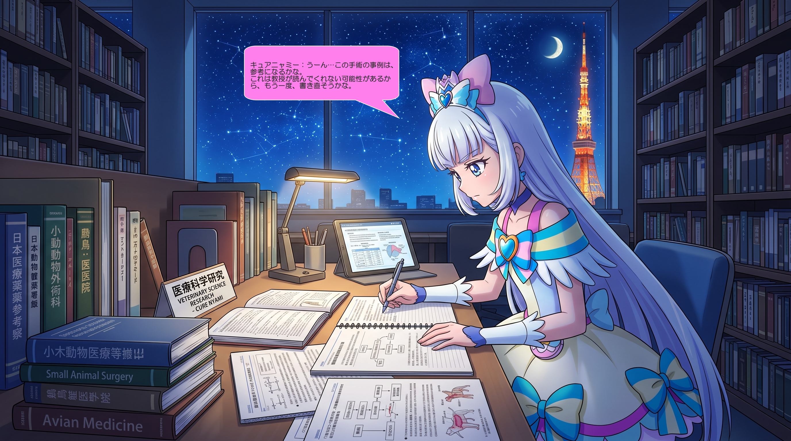 キュアニャミー、獣医科大学の図書館で論文を書く