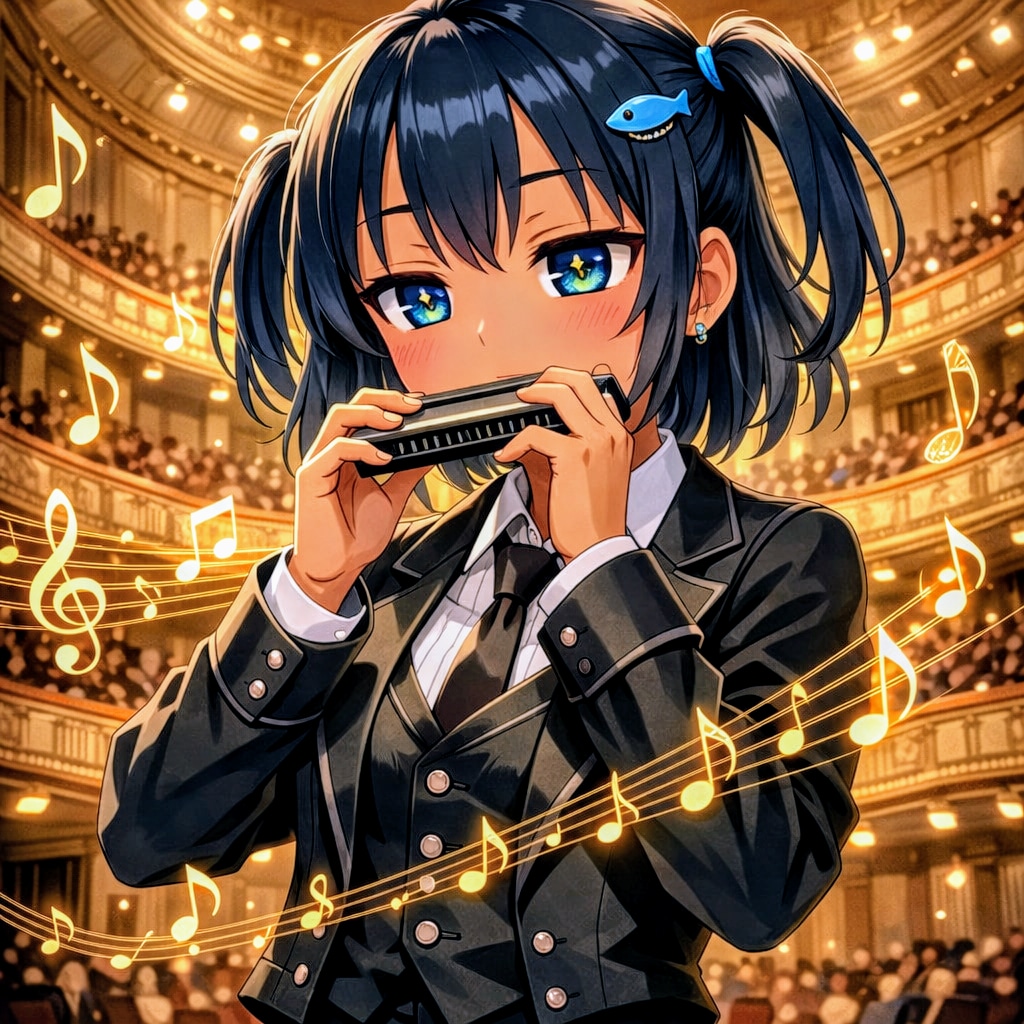 ハーモニカをステージで吹くこなつちゃん | の人気AIイラスト・グラビア
