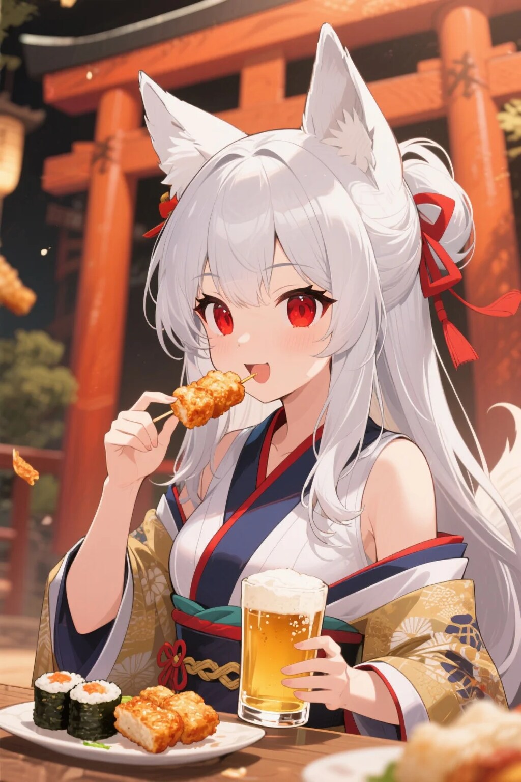 お寿司とビールを楽しむ御神体様とさくらちゃん