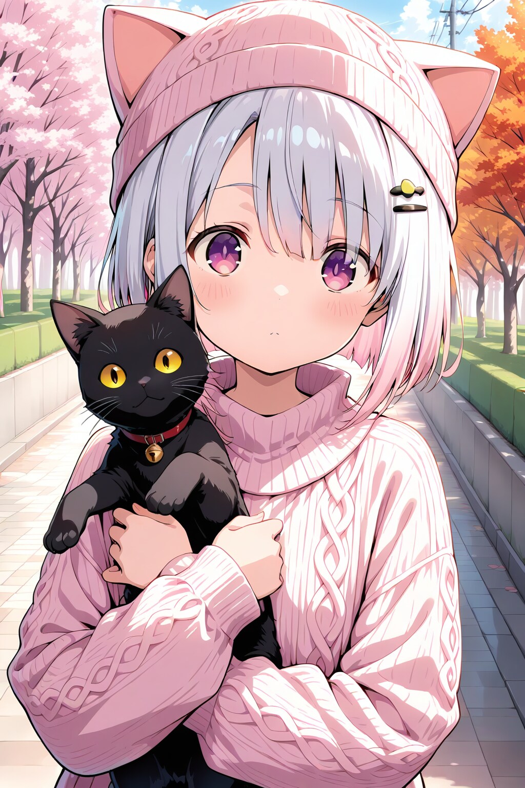 猫耳ニット帽と黒猫
