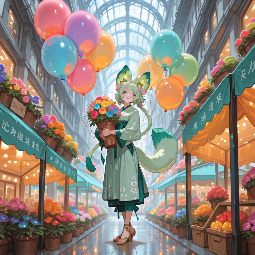 いっぱい色とりどりの風船を持つ緑色ツインテールのお花屋さんの美女