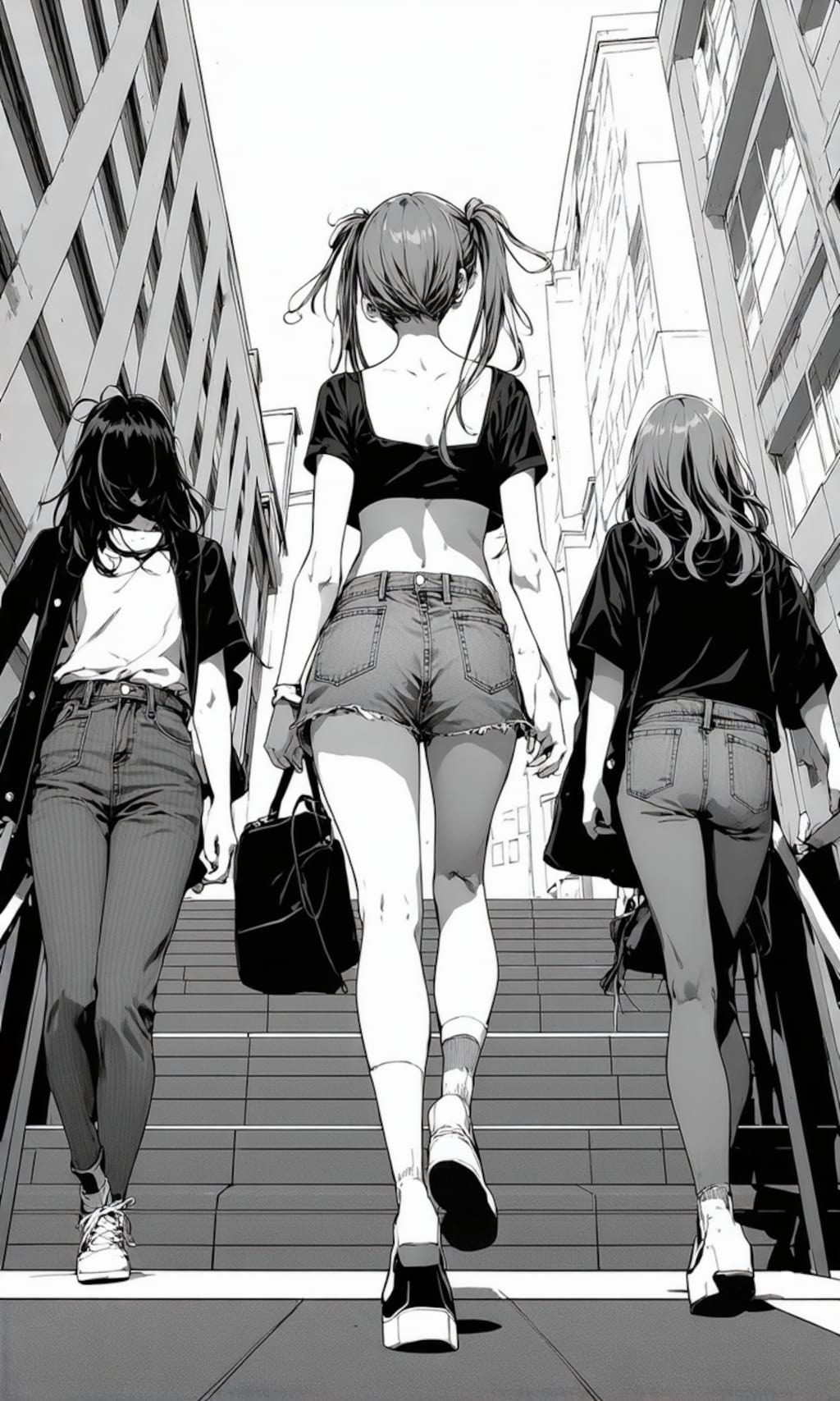 【漫画風】階段を上っているギャルの後ろ姿を漫画風に描いてみました