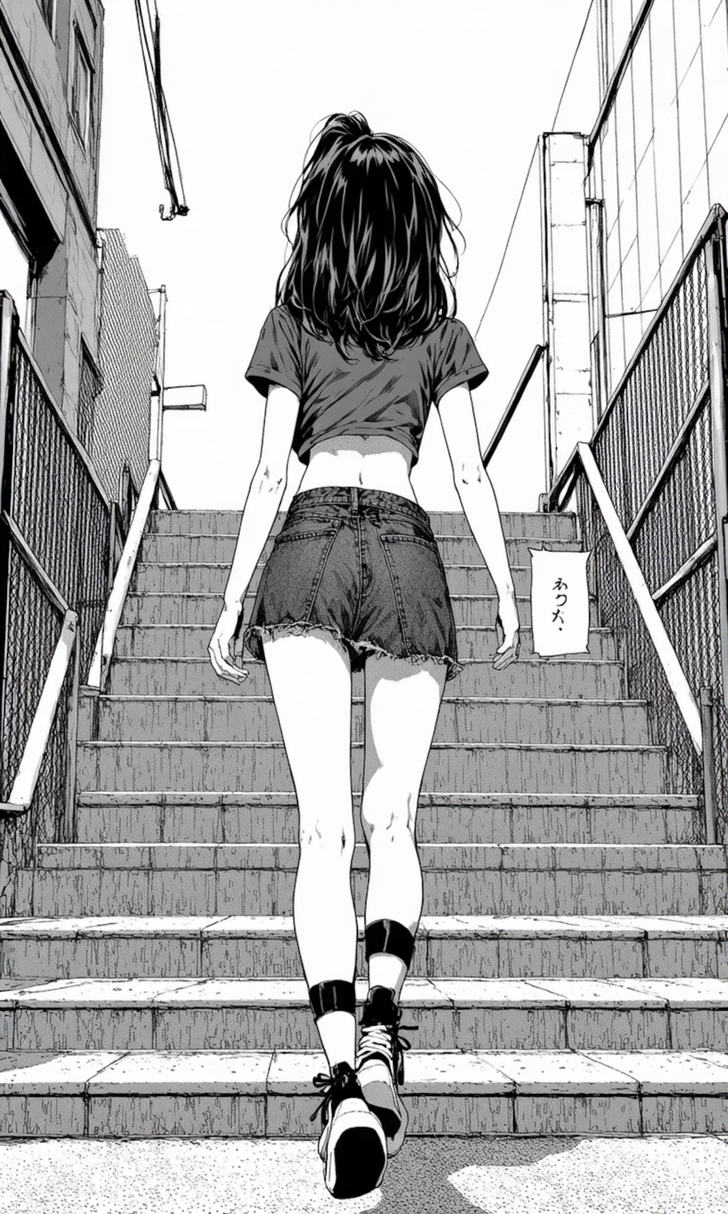【漫画風】階段を上っているギャルの後ろ姿を漫画風に描いてみました