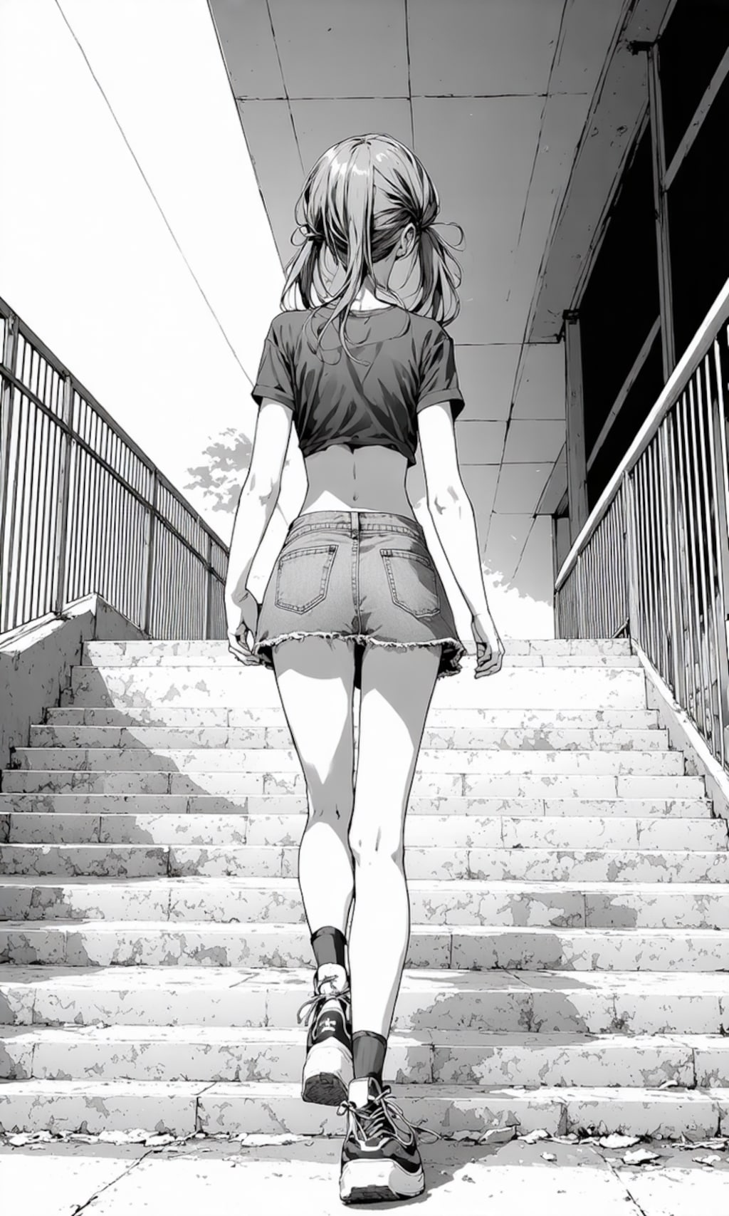 【漫画風】階段を上っているギャルの後ろ姿を漫画風に描いてみました