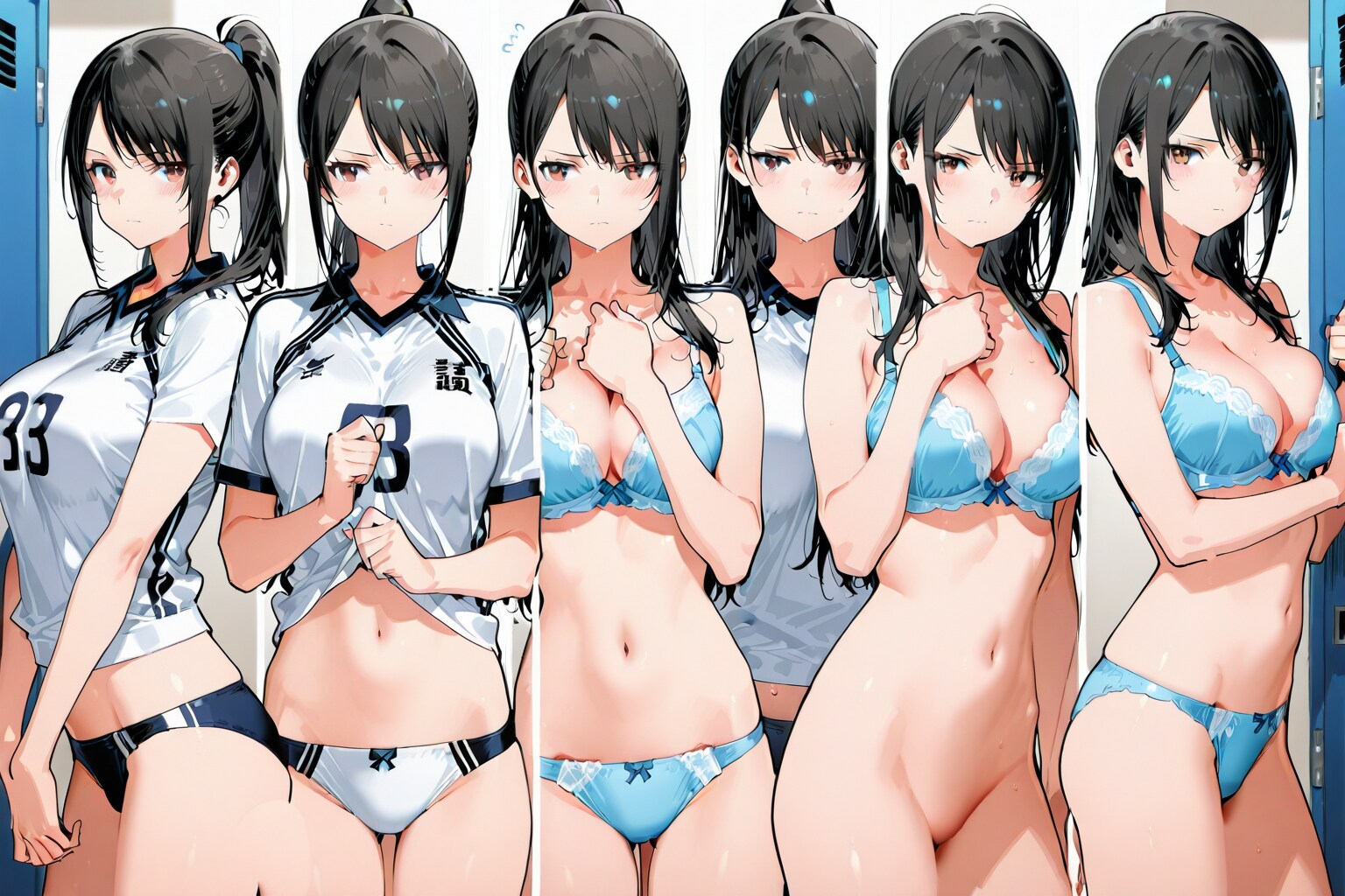 睨みながら着替える