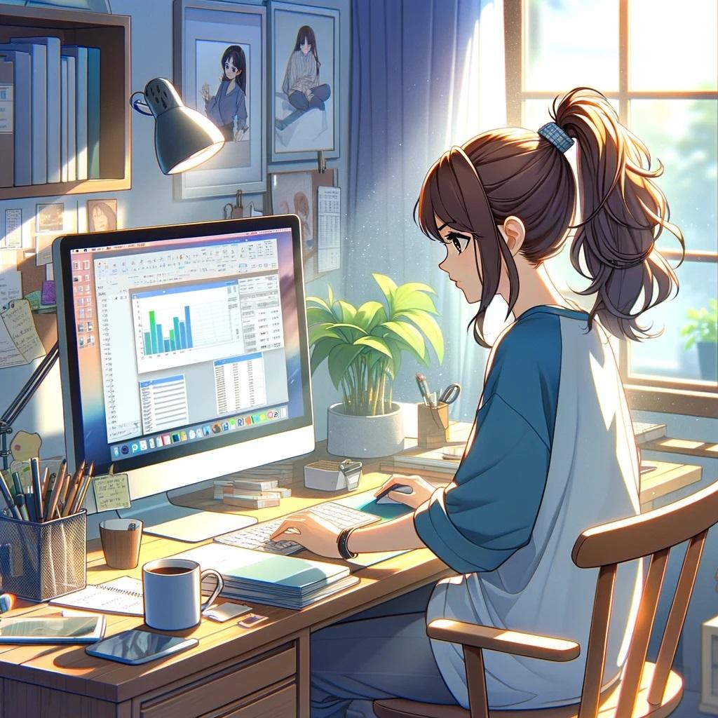 自宅の書斎でパソコンで作業をしている茶髪ポニーテールの女性
