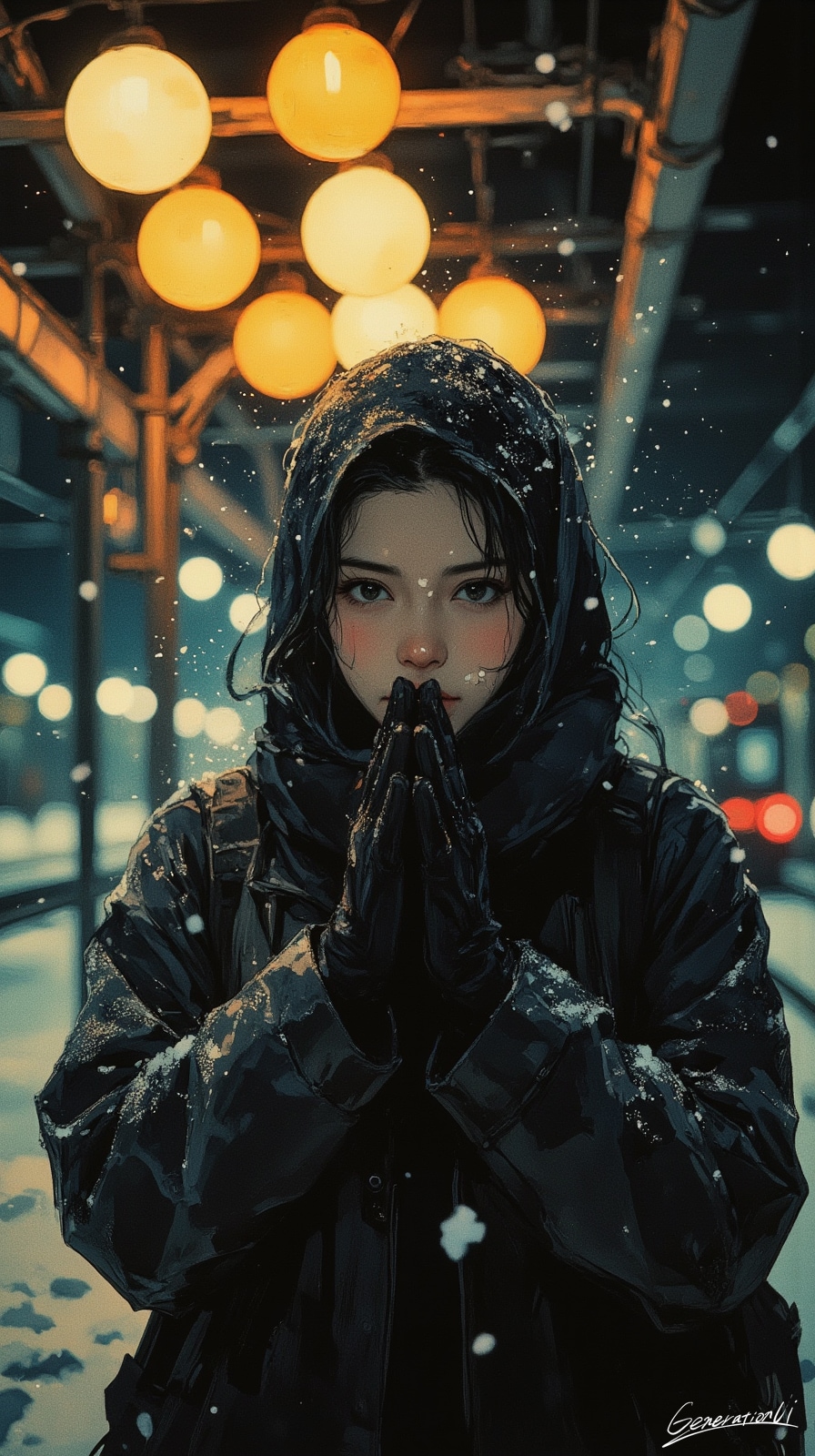 光と雪が降る駅で／スマホ壁紙アーカイブ | の人気AIイラスト・グラビア